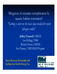 Mitigation of Estuarine Eutrophication by Aquatic Habitat Restoration? “Getting a Start on the Basic Data Needed for Oyster Nitrogen Credits”