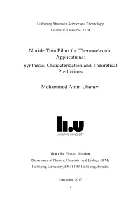 Nitride Thin Films for Thermoelectric Applications: Synthesis, Characterization and Theoretical Predictions