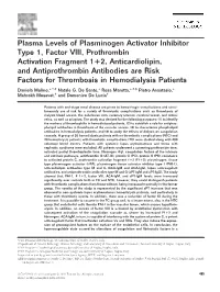Plasma Levels of Plasminogen Activator Inhibitor Type 1, Factor VIII