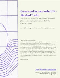 Guaranteed Income in the U.S. - Abridged Toolkit Best Practices, Resources, and Existing Models of Planned and Ongoing Research in the U.S., from JFI Experts