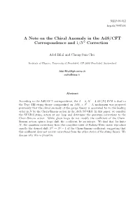 A Note on the Chiral Anomaly in the Ads/CFT Correspondence and 1/N 2 Correction