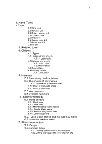 1. Hand Tools 3. Related Tools 4. Chisels 5. Hammer 6. Saw Terminology 7. Pliers Introduction