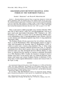 Discrimination Between Regional Song Forms in the Northern Parula