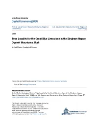 Type Locality for the Great Blue Limestone in the Bingham Nappe, Oquirrh Mountains, Utah