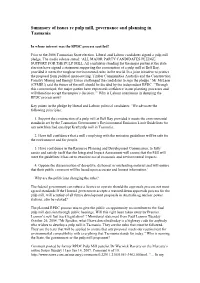 Summary of Issues Re Pulp Mill, Governance and Planning in Tasmania