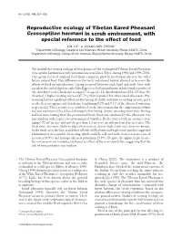 Reproductive Ecology of Tibetan Eared Pheasant Crossoptilon Harmani in Scrub Environment, with Special Reference to the Effect of Food