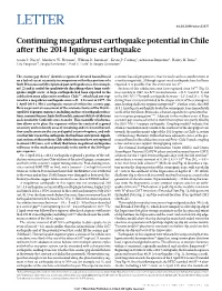 Continuing Megathrust Earthquake Potential in Chile After the 2014 Iquique Earthquake