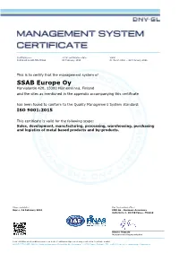SSAB Europe Management System Certificate 9001 EN 2021