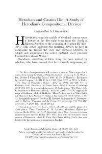 Herodian and Cassius Dio: a Study of Herodian’S Compositional Devices Chrysanthos S