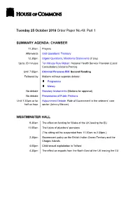 Tuesday 25 October 2016 Order Paper No.49: Part 1 SUMMARY