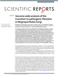 Genome Wide Analysis of the Transition to Pathogenic Lifestyles in Magnaporthales Fungi Received: 25 January 2018 Ning Zhang1,2, Guohong Cai3, Dana C