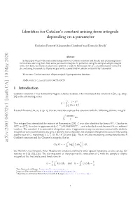 Identities for Catalan's Constant Arising from Integrals Depending