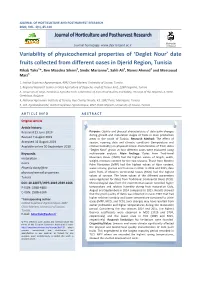Variability of Physicochemical Properties of 'Deglet Nour' Date Fruits Collected from Different Oases in Djerid Region, Tuni