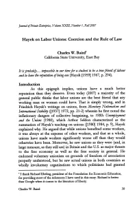Hayek on Labor Unions: Coercion and the Rule of Law