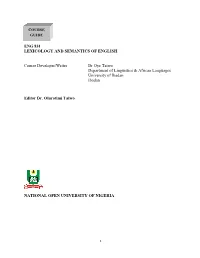 ENG 831 LEXICOLOGY and SEMANTICS of ENGLISH Course