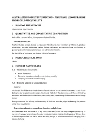 Anafranil (Clomipramine Hydrochloride) Tablets 1 Name of the Medicine 2 Qualitative and Quant