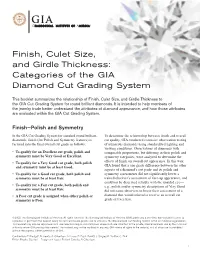 Finish, Culet Size, and Girdle Thickness: Categories of the GIA Diamond Cut Grading System