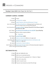 Order Paper for Tue 5 Jun 2018