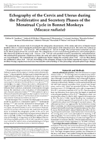 Echography of the Cervix and Uterus During the Proliferative and Secretory Phases of the Menstrual Cycle in Bonnet Monkeys (Macaca Radiata)