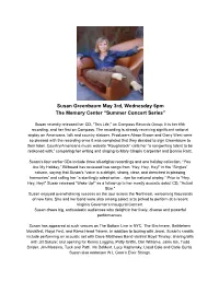 ​Susan Greenbaum May 3Rd, Wednesday 6Pm the Memory Center