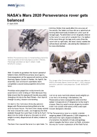 NASA's Mars 2020 Perseverance Rover Gets Balanced 21 April 2020