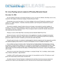 Dr. Linus Pauling Named Recipient of Priestley Memorial Award