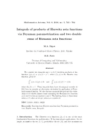 Integrals of Products of Hurwitz Zeta Functions Via Feynman Parametrization and Two Double Sums of Riemann Zeta Functions