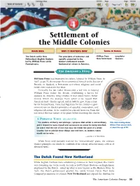 Settlement of the Middle Colonies