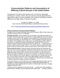 Communication Patterns and Assumptions of Differing Cultural Groups in the United States