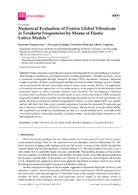 Numerical Evaluation of Protein Global Vibrations at Terahertz Frequencies by Means of Elastic Lattice Models †