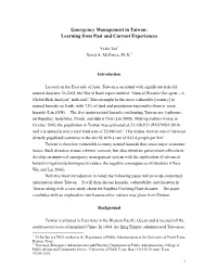Emergency Management in Taiwan: Learning from Past and Current Experiences