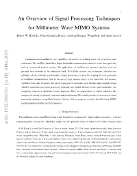 An Overview of Signal Processing Techniques for Millimeter Wave MIMO Systems
