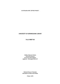 UNIVERSITY of BIRMINGHAM LIBRARY Reels M867-68