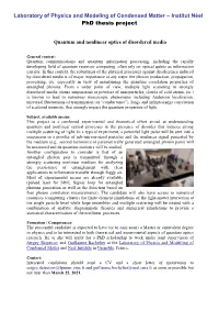 Laboratory of Physics and Modeling of Condensed Matter – Institut Néel Phd Thesis Project