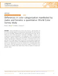 Differences in Color Categorization Manifested by Males and Females: a Quantitative World Color Survey Study