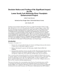 Decision Notice and Finding of No Significant Impact for the Lower South Fork Mckenzie River Floodplain Enhancement Project