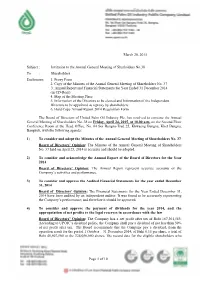 Invitation to the Annual General Meeting of Sharholders No.38 to : Shareholders Enclosures: 1