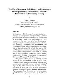 The Use of Ostensive Definition As an Explanatory Technique in the Presentation of Semantic Information in Dictionary-Making By