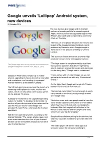 Google Unveils 'Lollipop' Android System, New Devices 15 October 2014