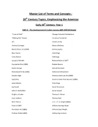 Master List of Terms and Concepts : 20 Century Topics, Emphasizing the Americas
