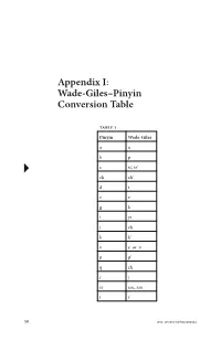 Appendix I: Wade-Giles–Pinyin Conversion Table