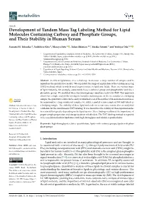 Development of Tandem Mass Tag Labeling Method for Lipid Molecules Containing Carboxy and Phosphate Groups, and Their Stability in Human Serum