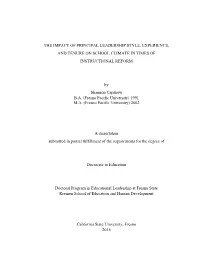 The Impact of Principal Leadership Style, Experience, and Tenure on School Climate in Times of Instructional Reform