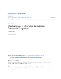 Practicing Law As a Christian: Restoration Movement Perspectives Thomas G