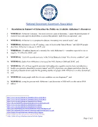 Resolution in Support of Educating the Public on Available Alzheimer's Resources