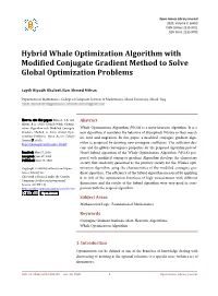 Hybrid Whale Optimization Algorithm with Modified Conjugate Gradient Method to Solve Global Optimization Problems