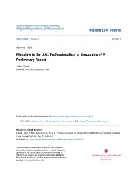 Megalaw in the U.K.: Professionalism Or Corporatism? a Preliminary Report
