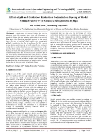 Effect of Ph and Oxidation Reduction Potential on Dyeing of Modal Knitted Fabric with Natural and Synthetic Indigo