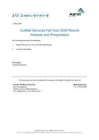 Ausnet Services Full Year 2020 Results Release and Presentation