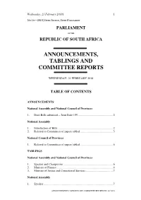 Announcements, Tablings and Committee Reports